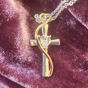 Sterling silver Cross with Rose Gold accent and Heart CZ